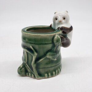 Vintage Green Bamboo Panda Ceramic Vase Planter Made In China Signed 3.25" High